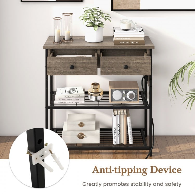 Narrow Console Table with 2 Drawers and 2 Metal Mesh Shelves-Gray