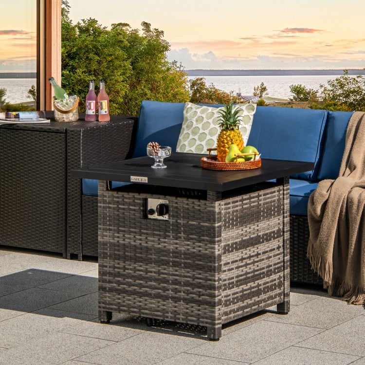 29 Inch Propane Rattan Firepit Table with Lava Rocks and Protective Cover