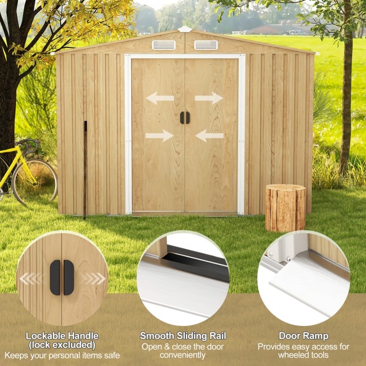 Weather Resistant Galvanized Steel Shed with Tilted Roof for Backyard Garden Patio Lawn-Natural