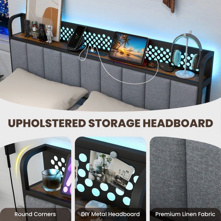Twin/Full/Queen Bed Frame with LED Lights  Upholstered Headboard and 4 Storage Drawers-Full Size