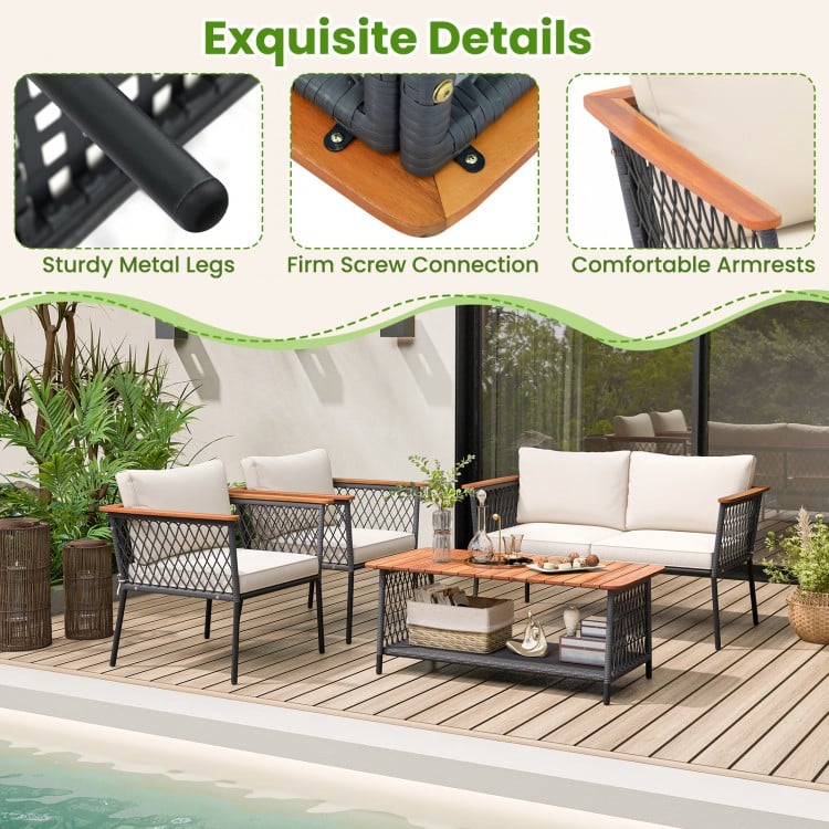 4 Piece Patio Rattan Furniture Set with 2-Tier Coffee Table-White