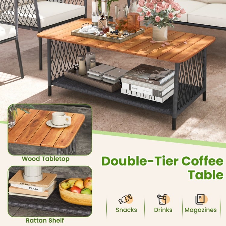 4 Piece Patio Rattan Furniture Set with 2-Tier Coffee Table-White