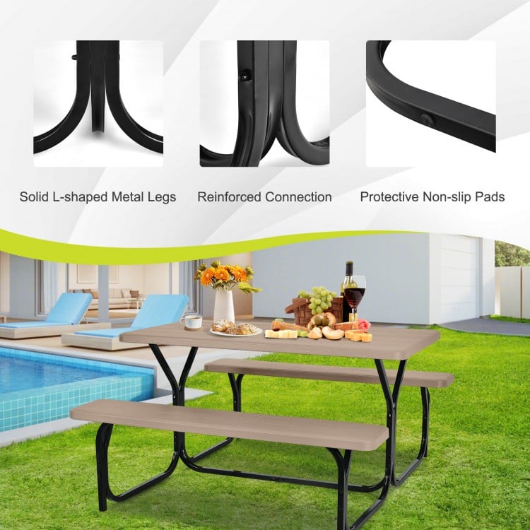 HDPE Outdoor Picnic Table Bench Set with Metal Base-Coffee