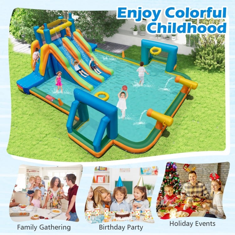 Kids Inflatable Water Slide with 2 Long Slides and 2 Soccer Gates Without Blower