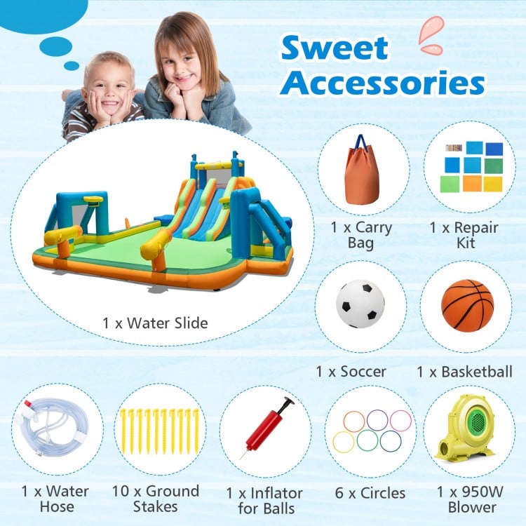 Kids Inflatable Water Slide with 2 Long Slides and 2 Soccer Gates with 950W Blower