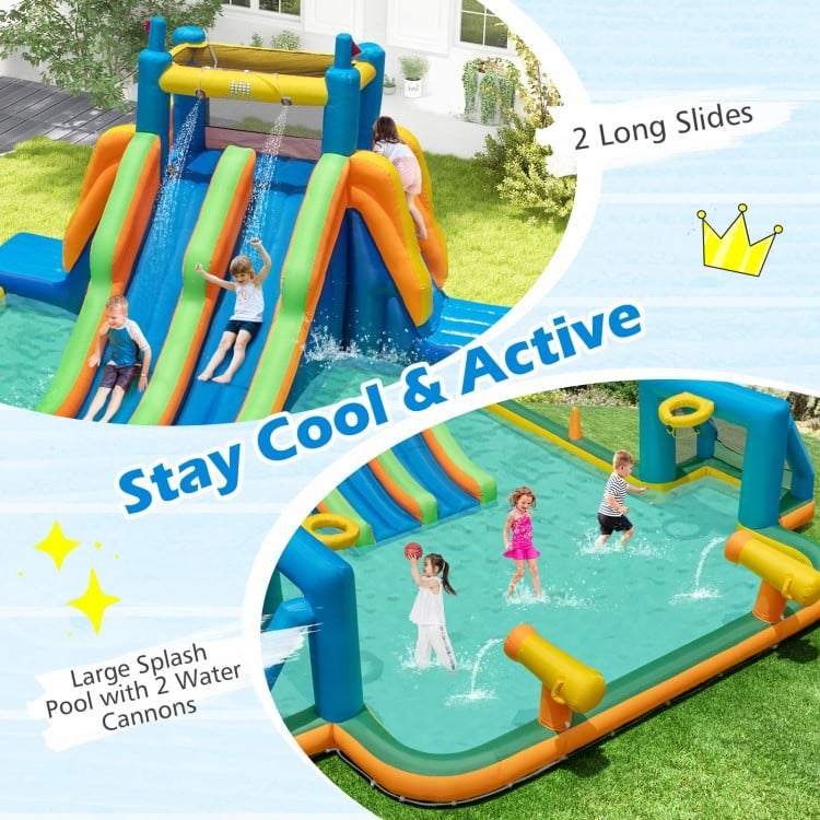 Kids Inflatable Water Slide with 2 Long Slides and 2 Soccer Gates with 1100W Blower