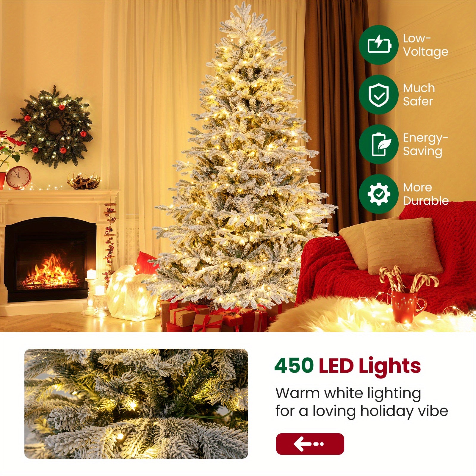 LIFEZEAL 7 FT Pre-Lit Christmas Tree Snow Flocked Hinged Xmas Decoration w/ 450 Lights 