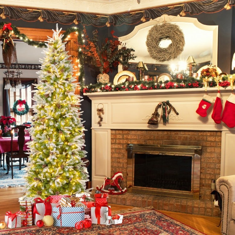 7.5 Feet Pre-Lit Artificial Christmas Tree Snow Flocked Hinged