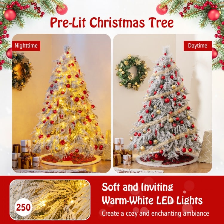 6 Feet Pre-Lit Snow Flocked Christmas Tree with Warm White LED Lights