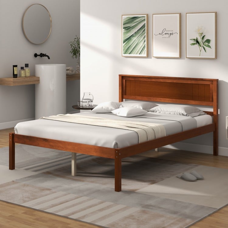 Twin/Full/Queen Size Bed Frame with Wooden Headboard and Slat Support-Full Size