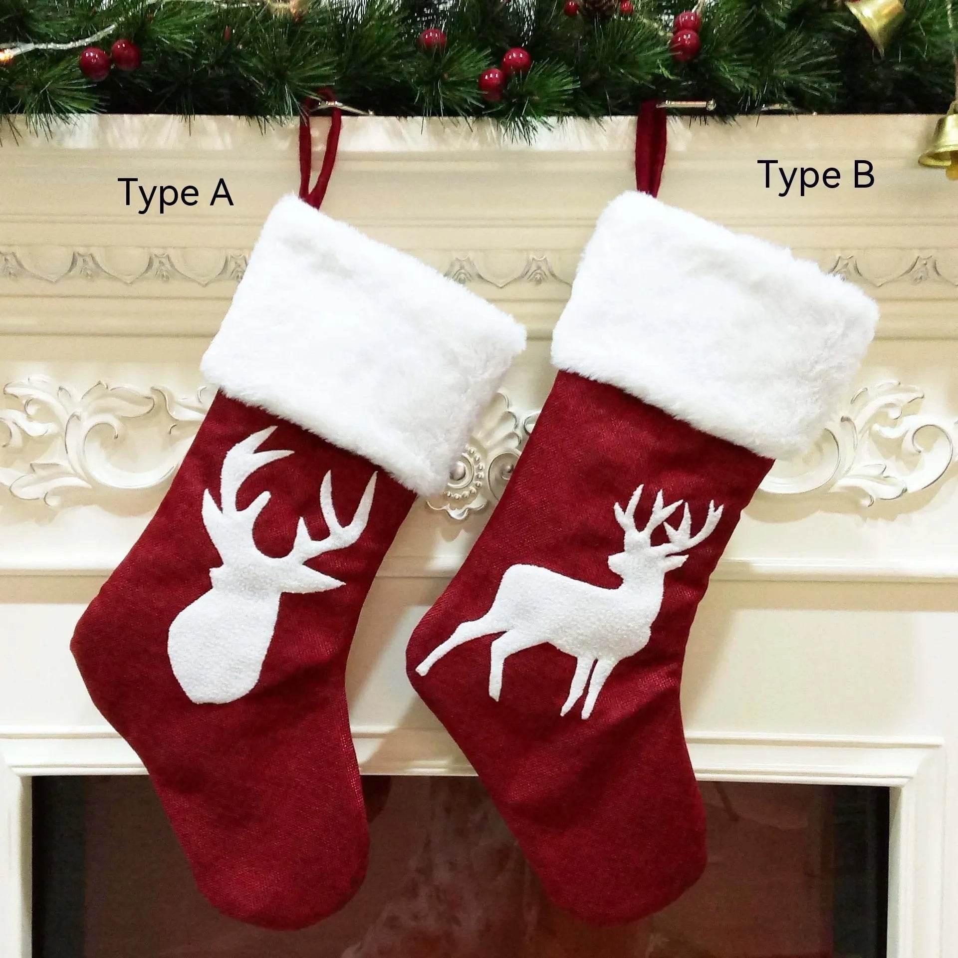 Christmas Stockings Gift Bag Red Hemp Elk Embroidery Christmas Stockings Gift Pendant 