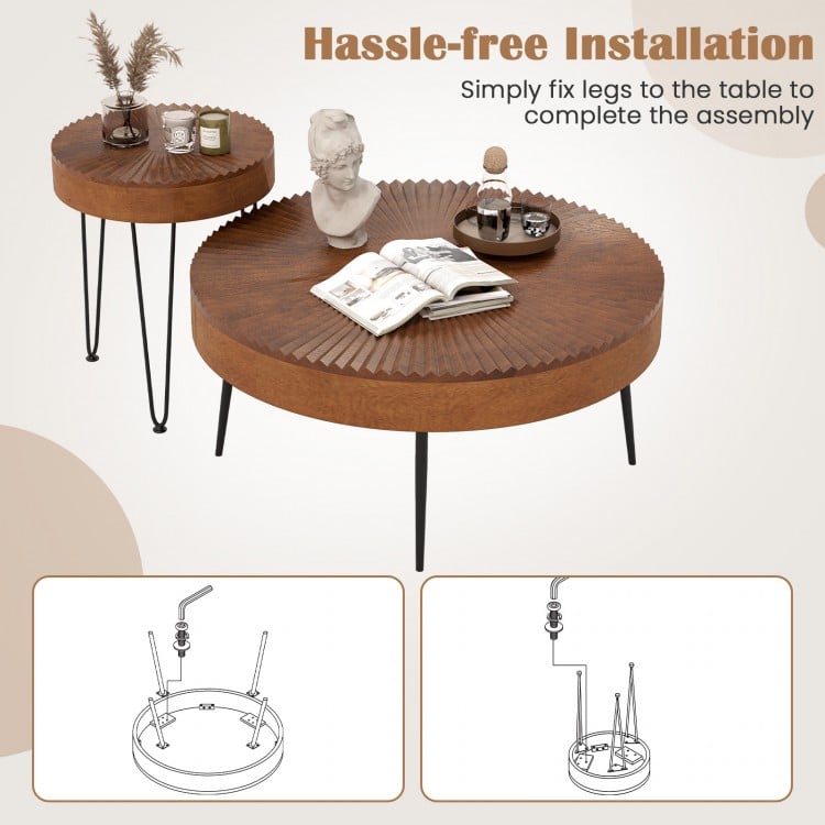 Set of 2 Boho Round Coffee Table with Solid Pine Wood Top and Metal Legs-Brown