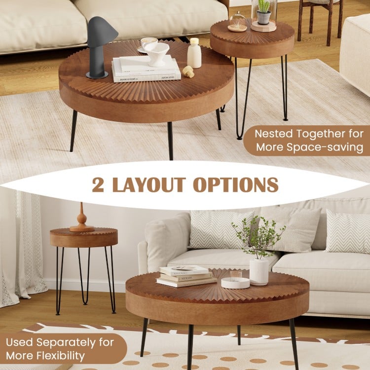 Set of 2 Boho Round Coffee Table with Solid Pine Wood Top and Metal Legs-Brown
