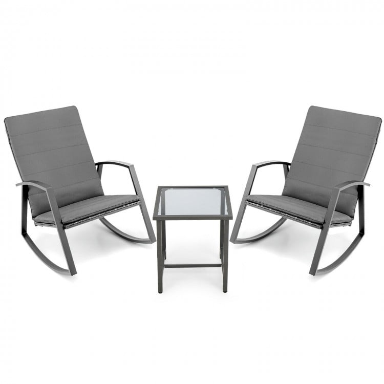 3 Pieces Patio Rattan Rocking Furniture Set-Gray