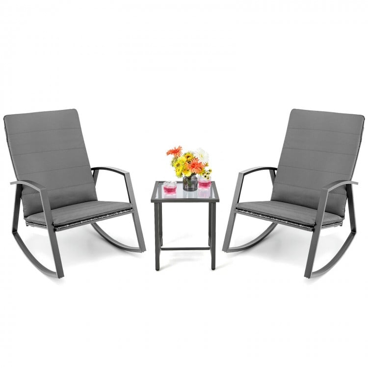 3 Pieces Patio Rattan Rocking Furniture Set-Gray