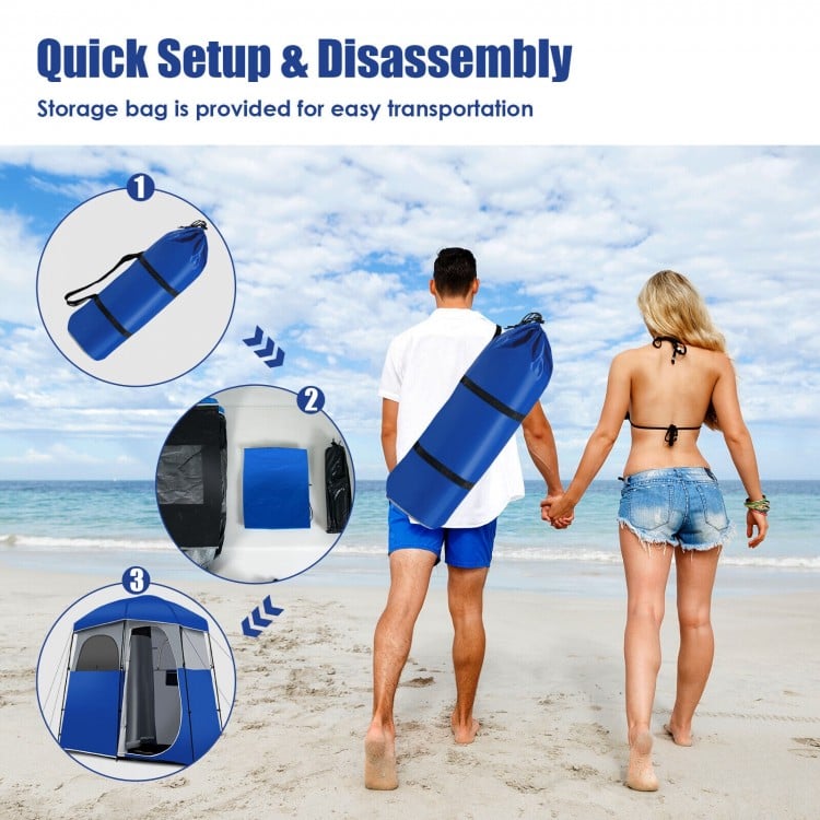 Double-Room Camping Toilet Tent with Floor and Portable Storage Bag-Blue