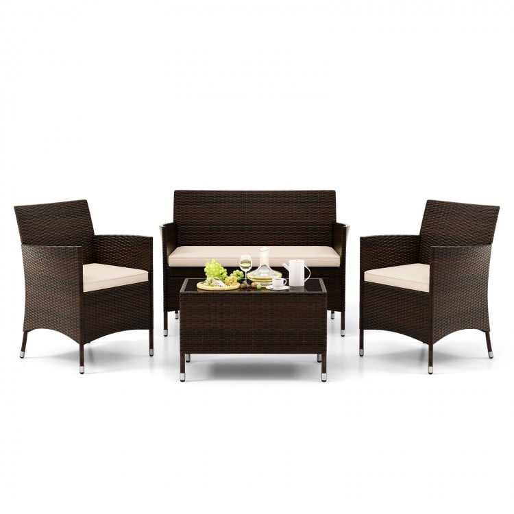 4 Pieces Comfortable Outdoor Rattan Sofa Set with Glass Coffee Table-Beige and Gray