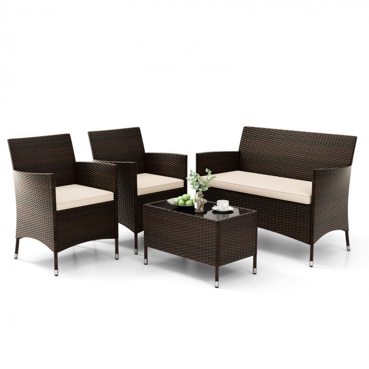 4 Pieces Comfortable Outdoor Rattan Sofa Set with Glass Coffee Table-Beige and Gray