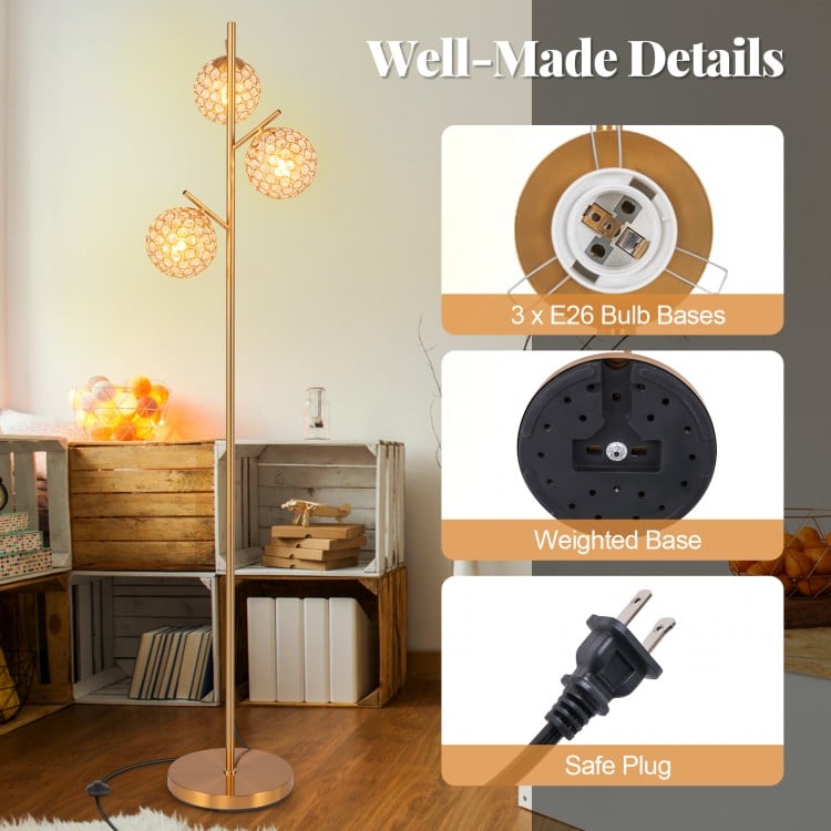 3-Globe Floor Lamp with Foot Switch and 3 E26 Bulb Bases-Golden