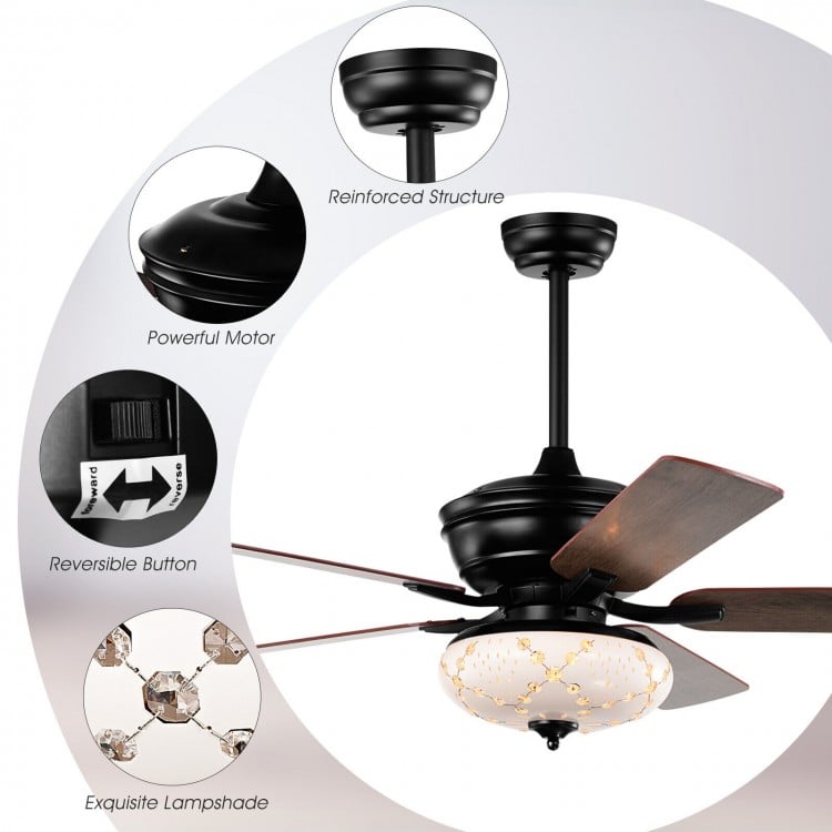 52 Inch Ceiling Fan with 3 Wind Speeds and 5 Reversible Blades-Black