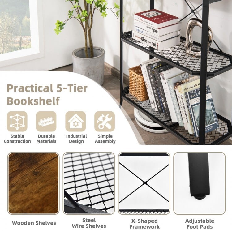 Industrial 5-Layer Bookshelf with Out-Stretched Legs-Rustic Brown
