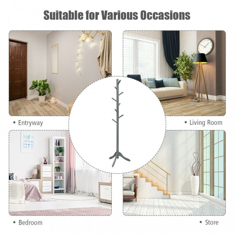 Adjustable Wooden Tree Coat Rack with 8 Hooks-Gray