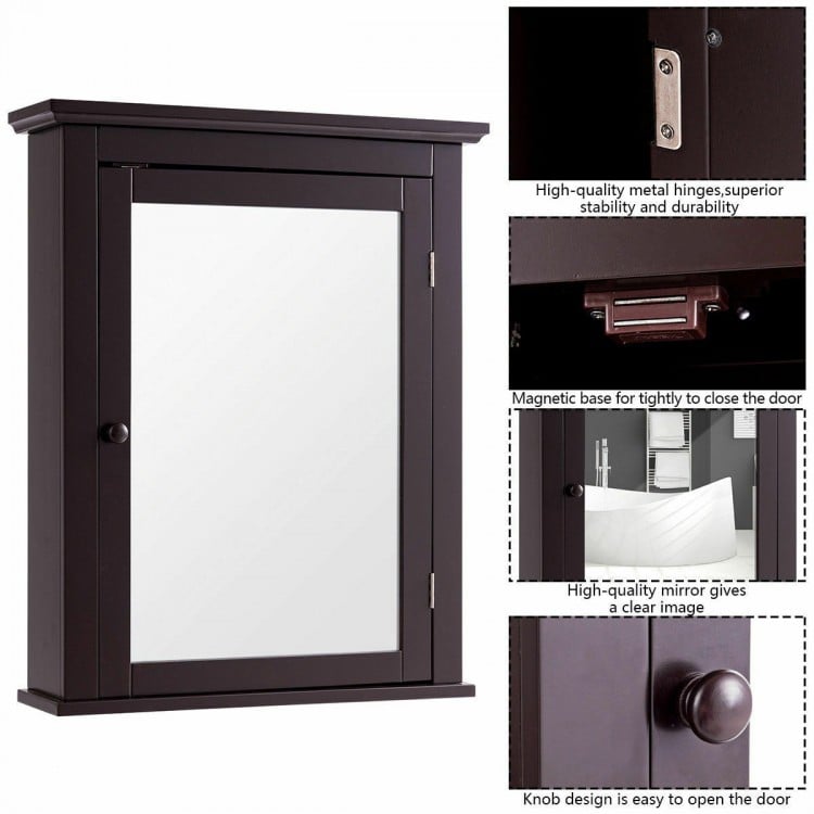 Wall Mounted Bathroom Storage Medicine Cabinet with Towel Bar-Brown