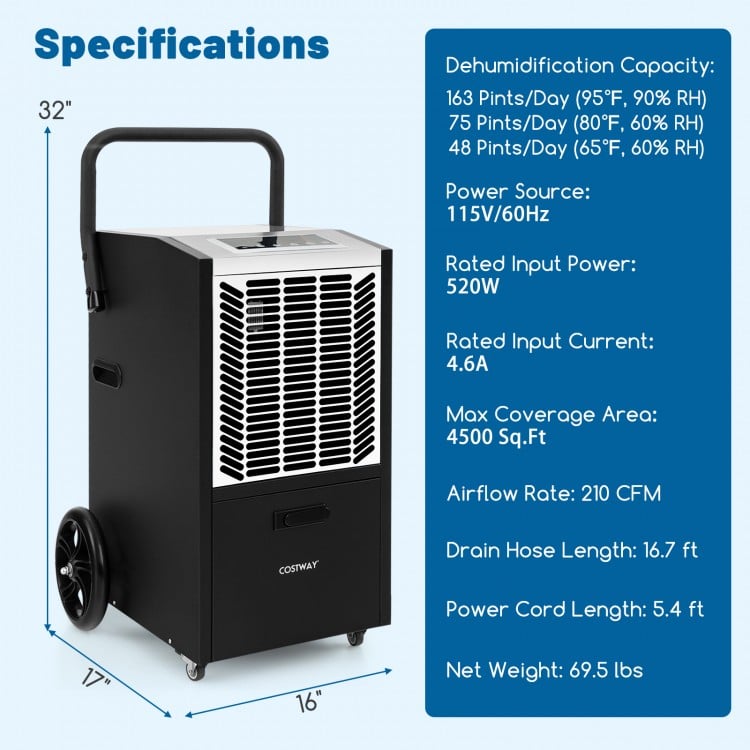 163 Pints Commercial Dehumidifier Crawl Space Dehumidifier with Pump and Drain Hose
