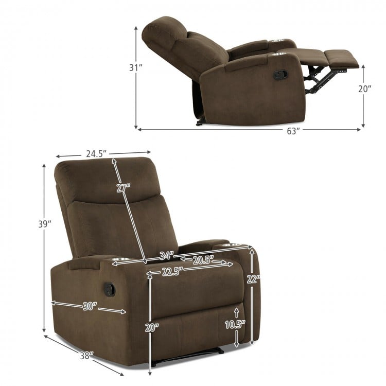 Recliner Chair Single Sofa Lounger with Arm Storage and Cup Holder for Living Room-Brown