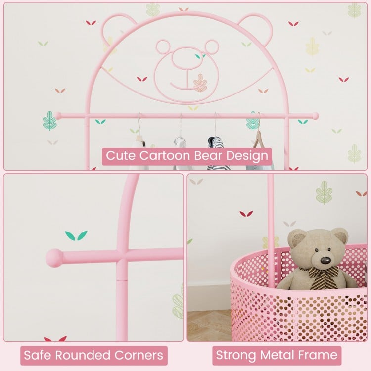 Kid Clothes Rack with 3 Adjustable Heights and Wheels-Pink