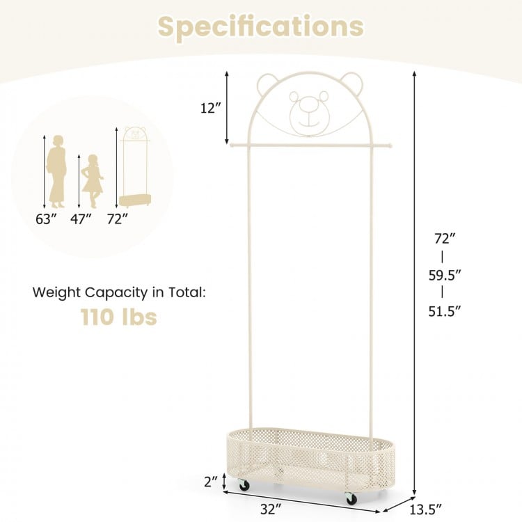 Kid Clothes Rack with 3 Adjustable Heights and Wheels-White