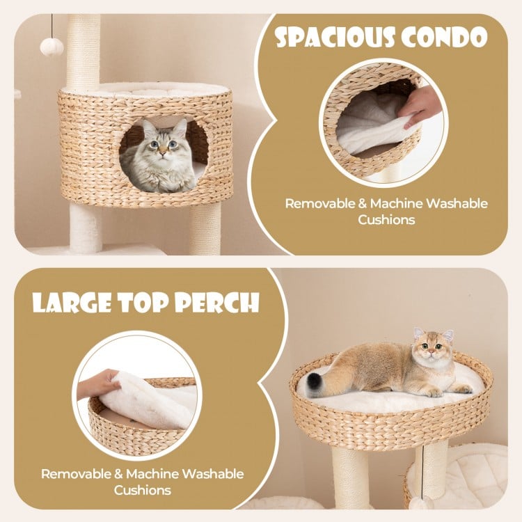 Modern Cat Tree for Indoor Cats with Cattail Fluff Condo and Top Perch-Natural
