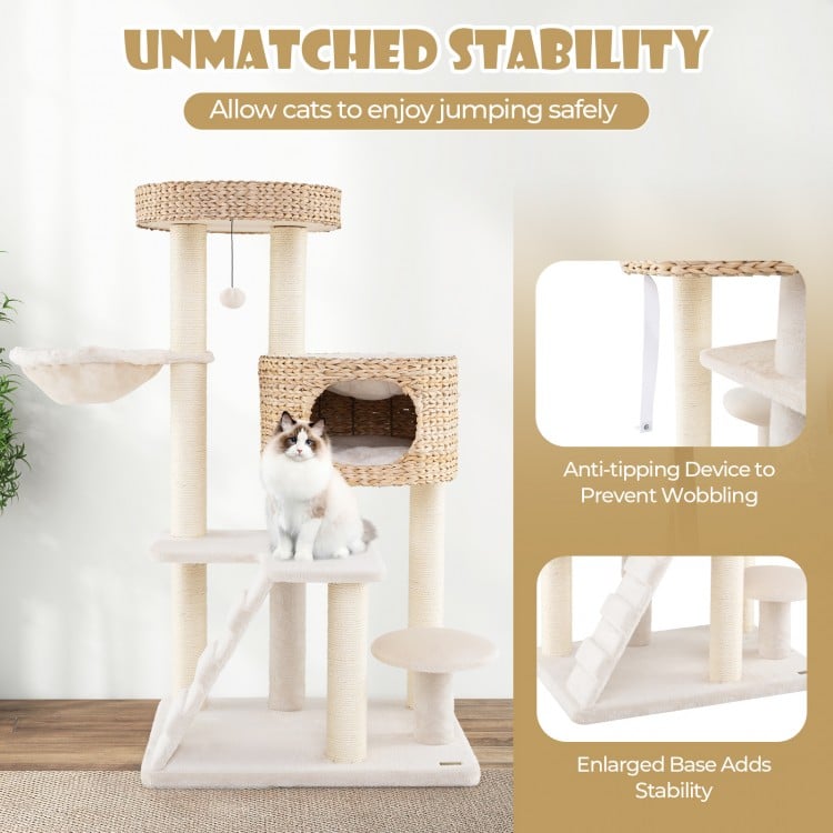Modern Cat Tree for Indoor Cats with Cattail Fluff Condo and Top Perch-Natural