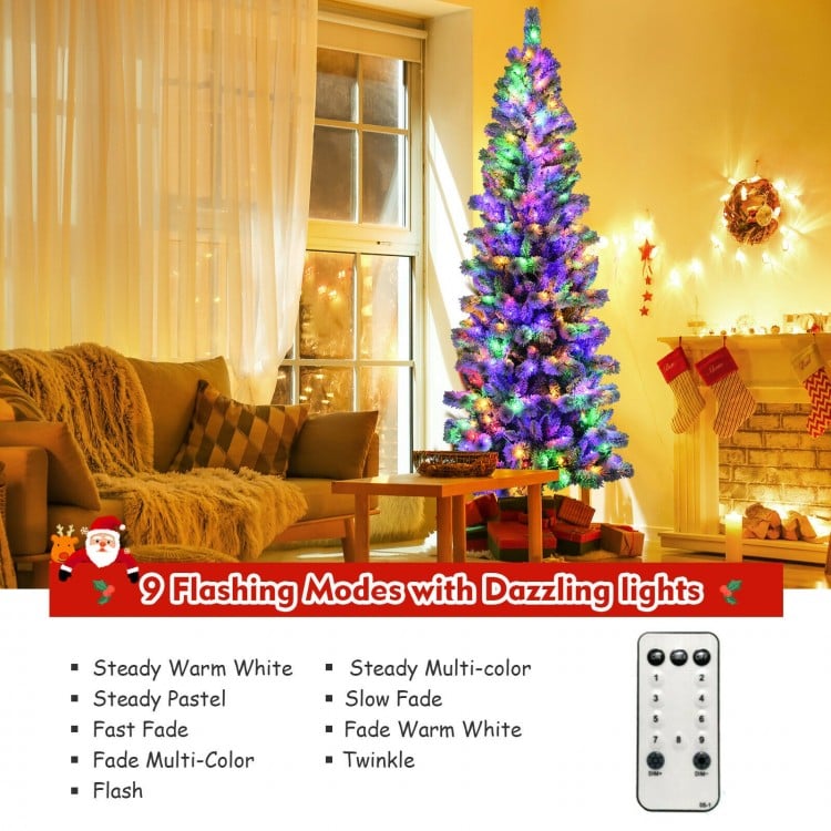 8 Feet Pre-Lit Hinged Snow Flocked Christmas Tree with Remote Control