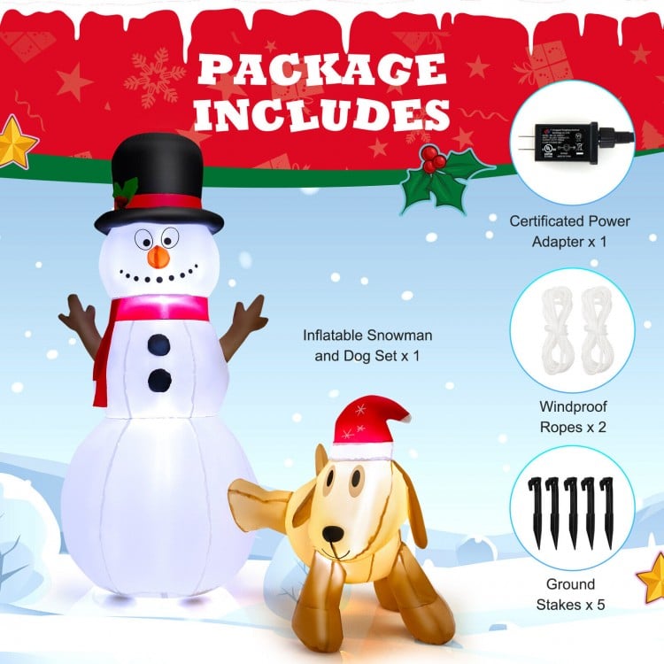 6 Feet Tall Inflatable Snowman and Dog Set Christmas Decoration with LED Lights
