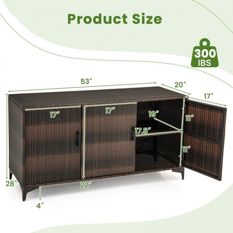 84 Gallon Patio Wicker Deck Box 3-Door PE Rattan Storage Container with Removable Shelves-Brown
