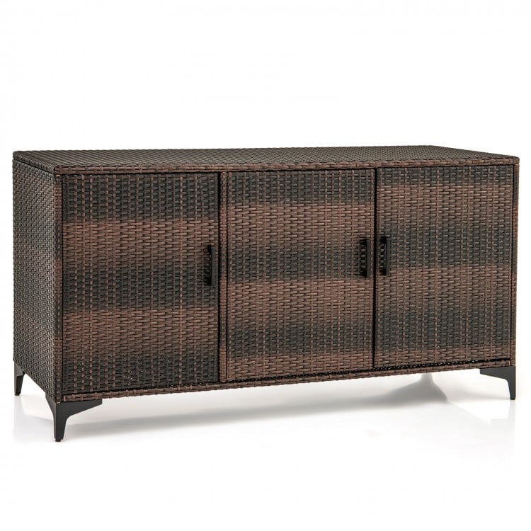 84 Gallon Patio Wicker Deck Box 3-Door PE Rattan Storage Container with Removable Shelves-Brown