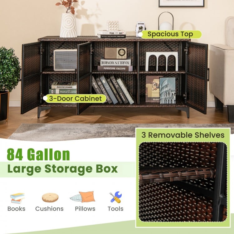 84 Gallon Patio Wicker Deck Box 3-Door PE Rattan Storage Container with Removable Shelves-Brown