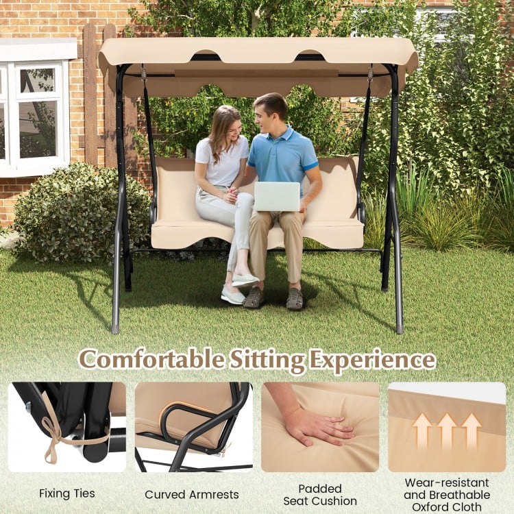 3 Seat Outdoor Patio Canopy Swing with Cushioned Steel Frame-Beige