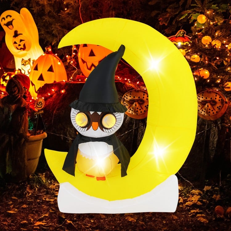 Inflatable Owl on Moon LED Lighted Halloween Decoration with Large Moon and Wizard Owl