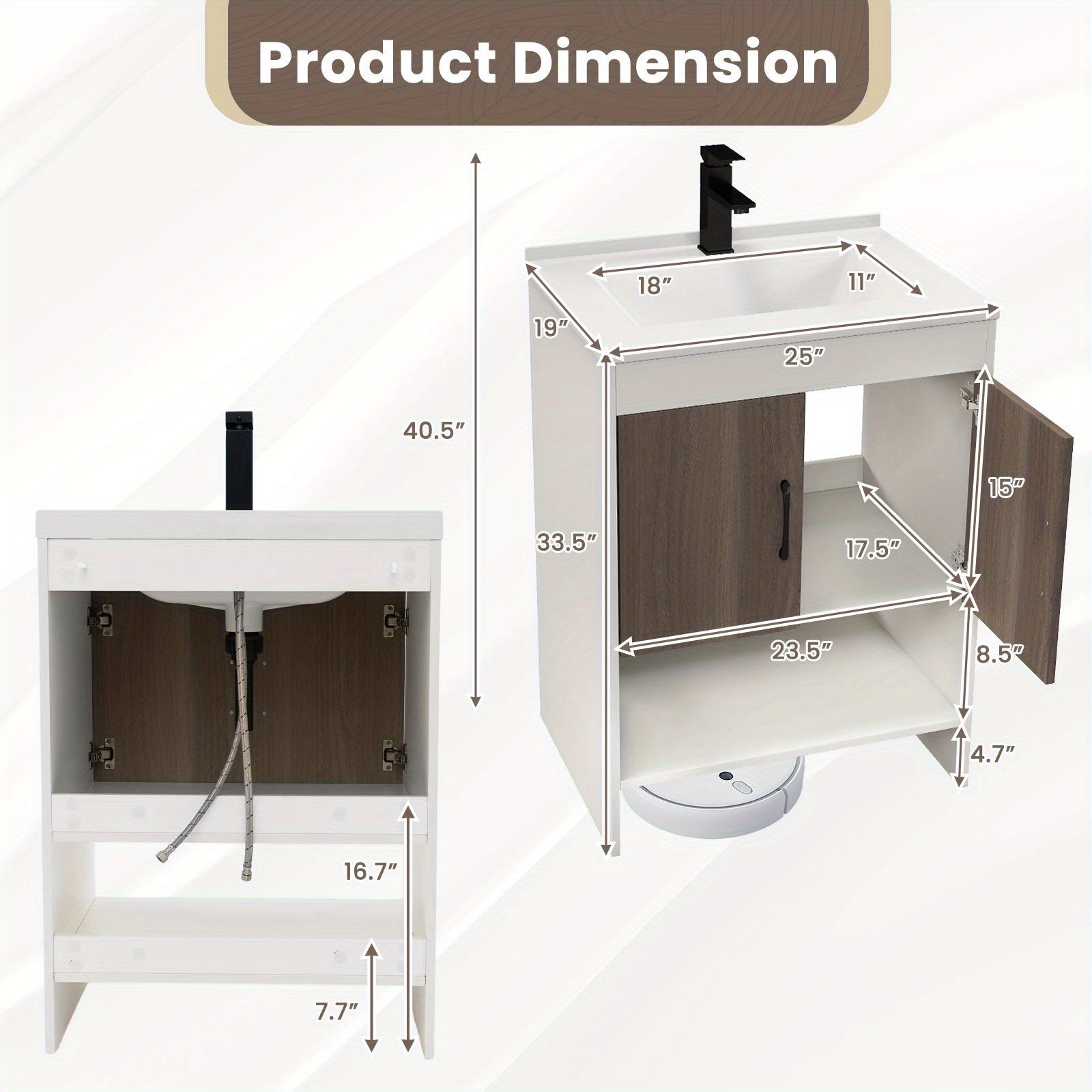 1pc SAFSTAR 25" Modern Wooden Bathroom Vanity Cabinet with Sink, Faucet, and Pop Up Drain - Casual Style Hardwood and Artificial Board Vanity Combo Set with Open Shelf and Backsplash, No Electricity Needed 