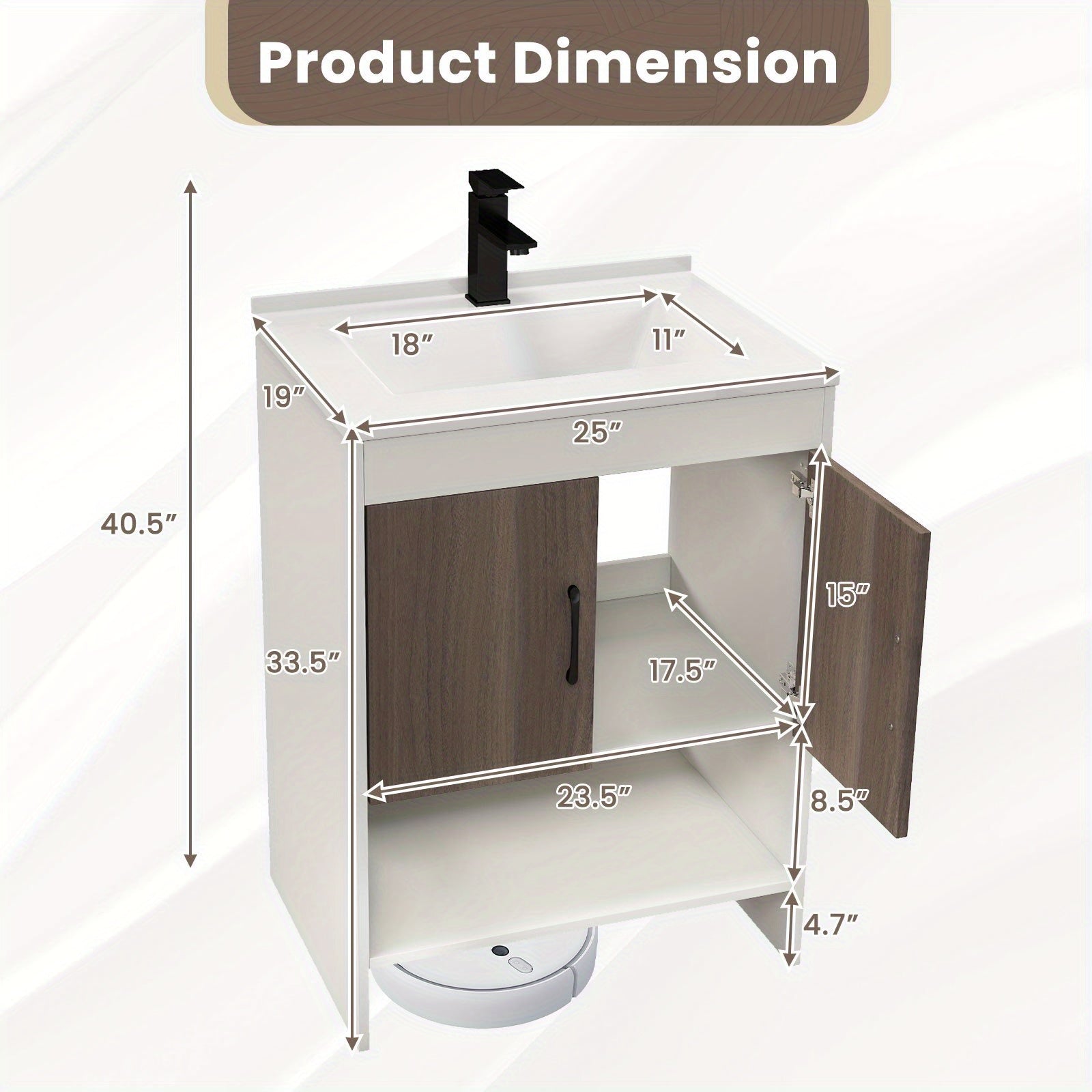 1pc SAFSTAR 25" Modern Wooden Bathroom Vanity Cabinet with Sink, Faucet, and Pop Up Drain - Casual Style Hardwood and Artificial Board Vanity Combo Set with Open Shelf and Backsplash, No Electricity Needed 
