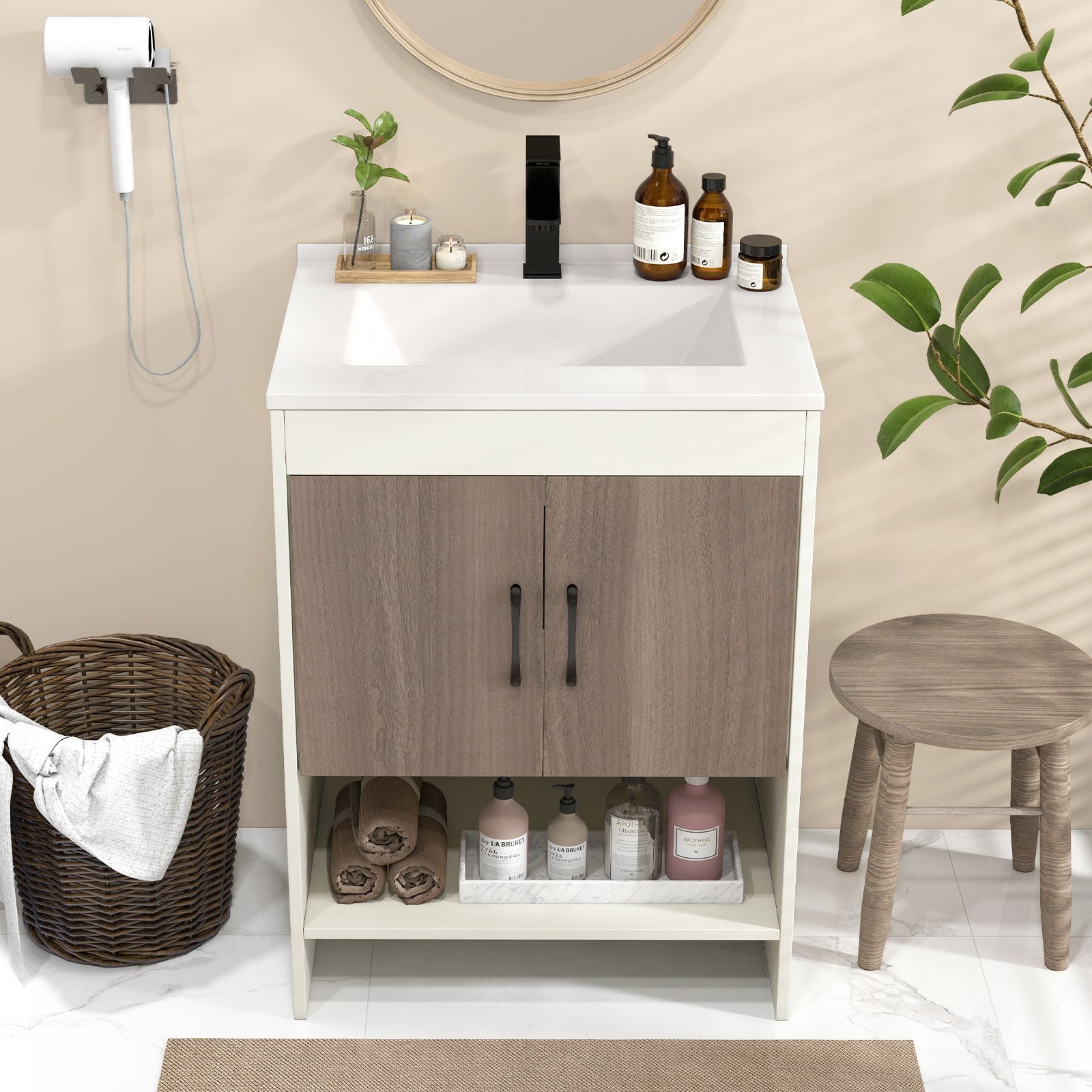 1pc SAFSTAR 25" Modern Wooden Bathroom Vanity Cabinet with Sink, Faucet, and Pop Up Drain - Casual Style Hardwood and Artificial Board Vanity Combo Set with Open Shelf and Backsplash, No Electricity Needed 