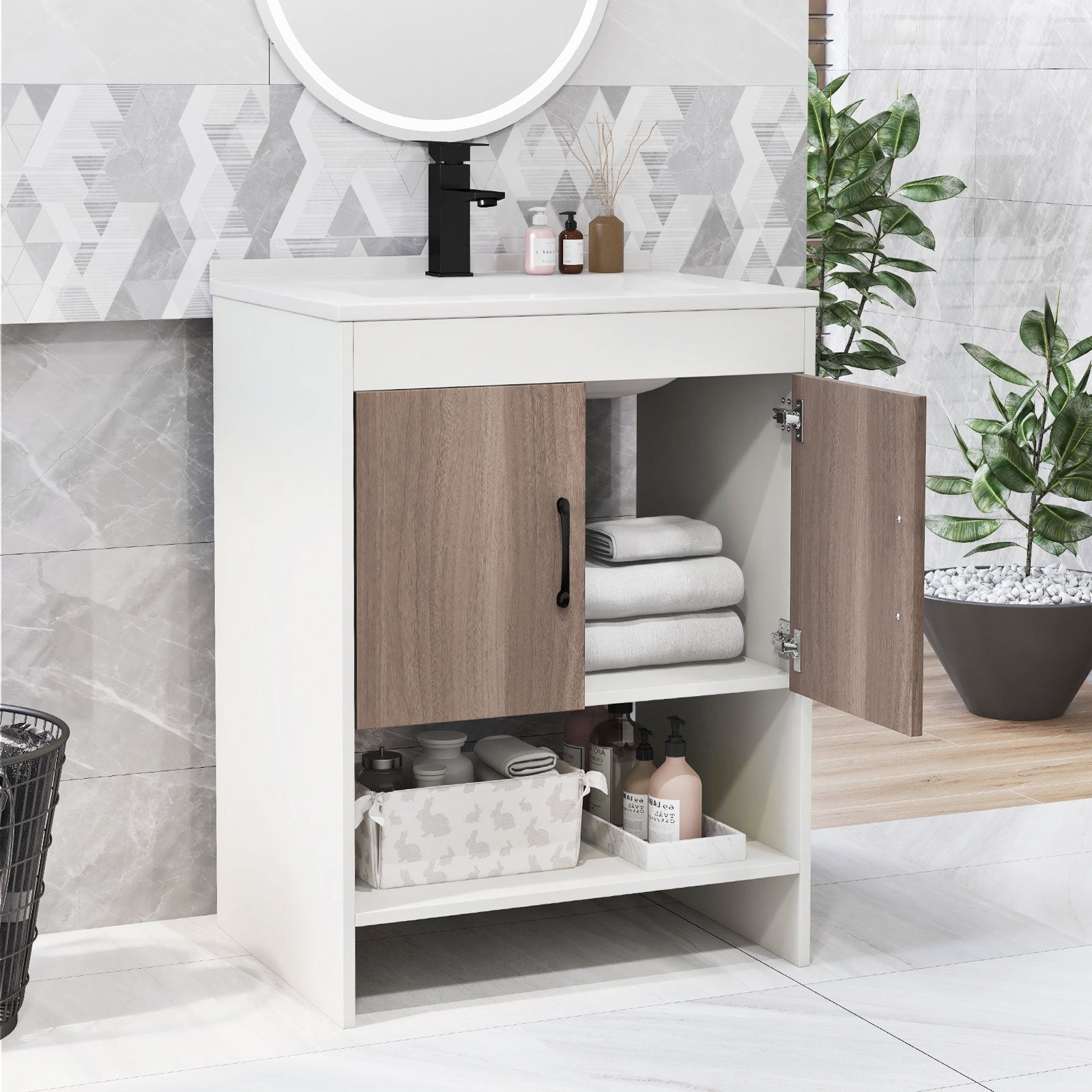 1pc SAFSTAR 25" Modern Wooden Bathroom Vanity Cabinet with Sink, Faucet, and Pop Up Drain - Casual Style Hardwood and Artificial Board Vanity Combo Set with Open Shelf and Backsplash, No Electricity Needed 