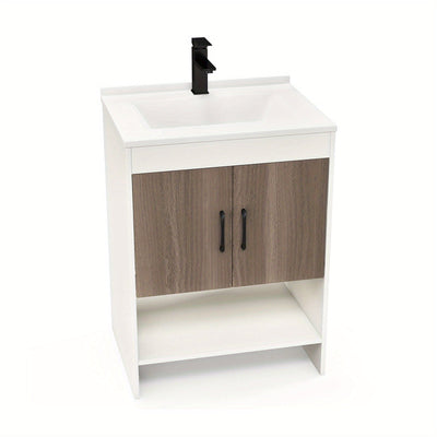 1pc SAFSTAR 25" Modern Wooden Bathroom Vanity Cabinet with Sink, Faucet, and Pop Up Drain - Casual Style Hardwood and Artificial Board Vanity Combo Set with Open Shelf and Backsplash, No Electricity Needed 