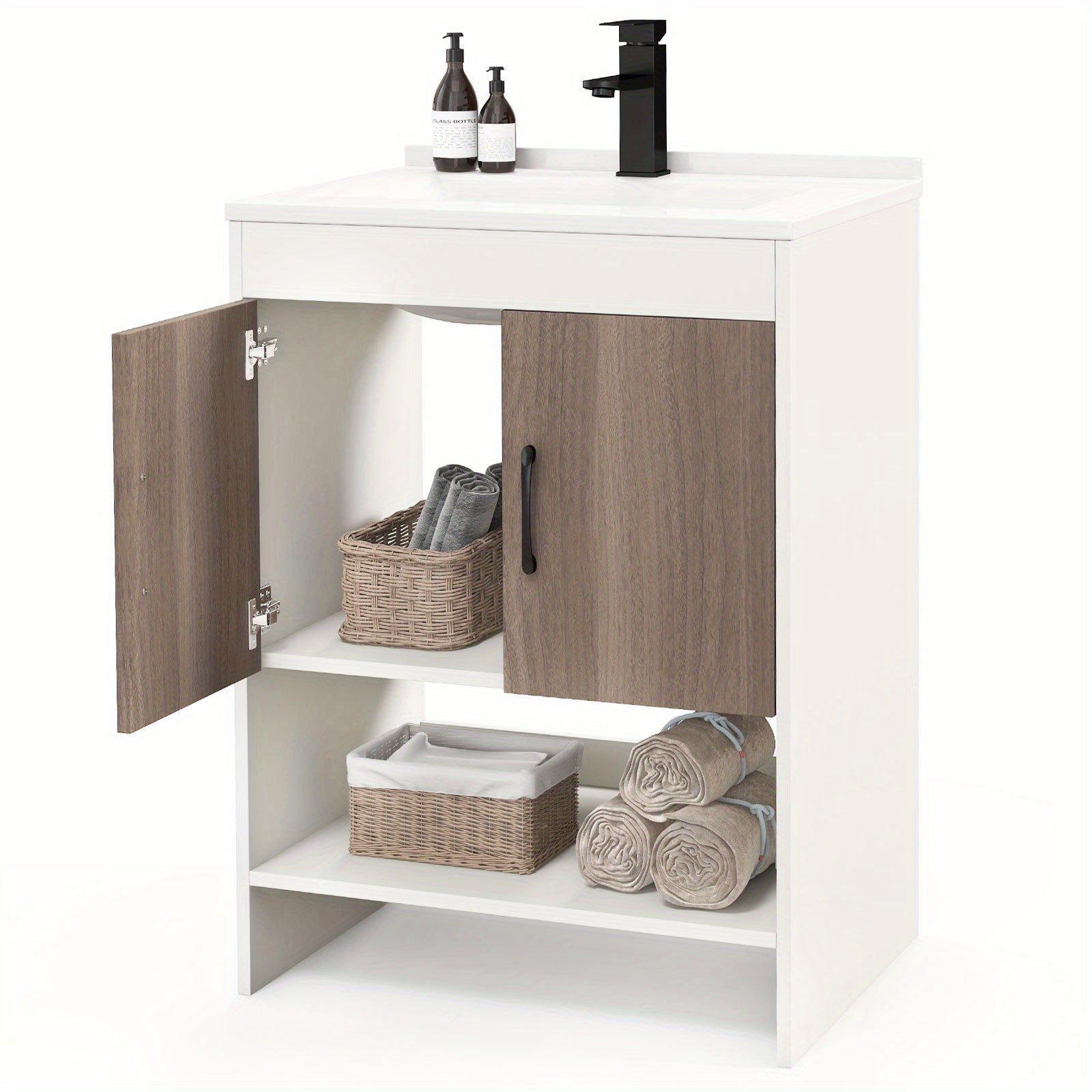 1pc SAFSTAR 25" Modern Wooden Bathroom Vanity Cabinet with Sink, Faucet, and Pop Up Drain - Casual Style Hardwood and Artificial Board Vanity Combo Set with Open Shelf and Backsplash, No Electricity Needed 