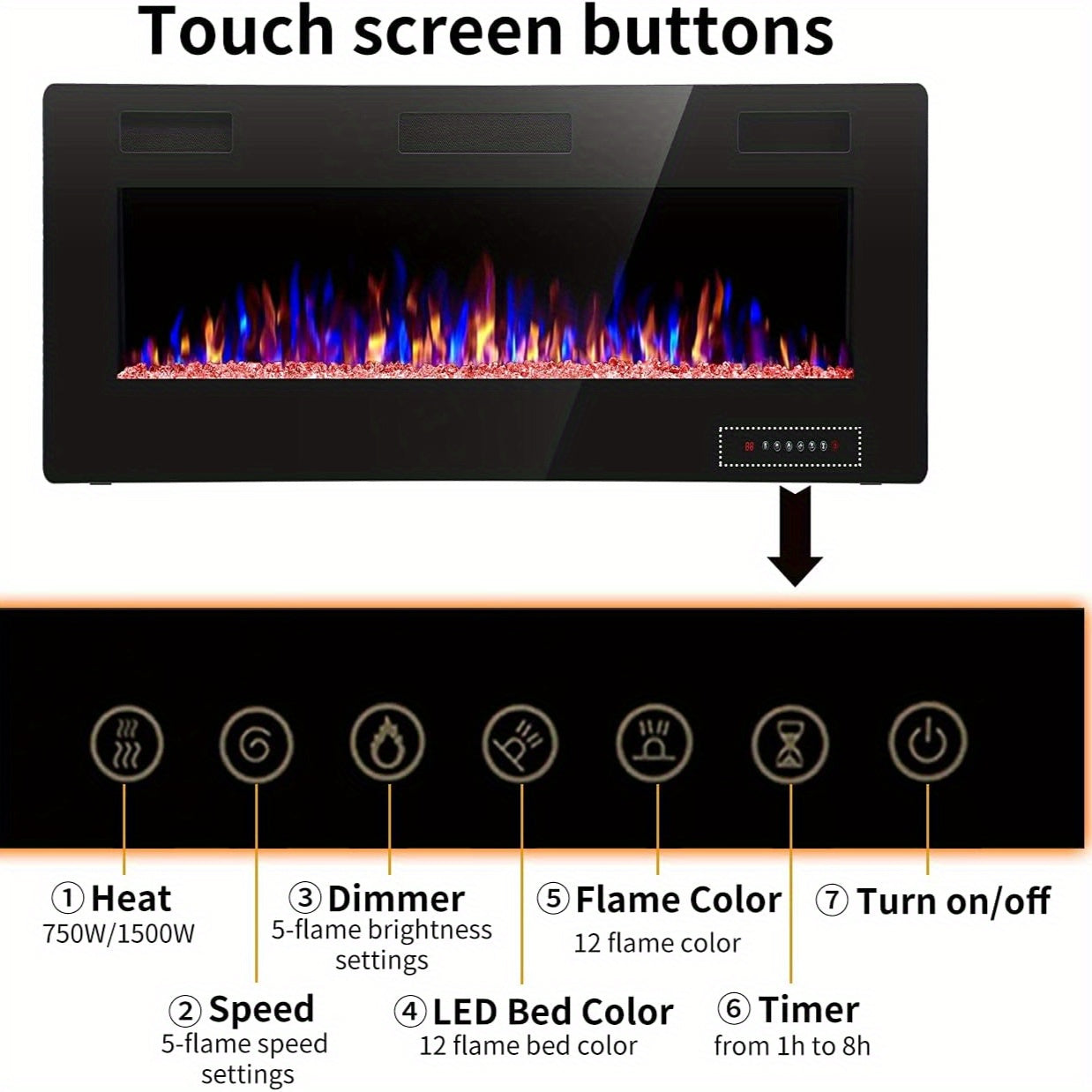 Xbeauty 30"/ 36"/ 42"/ 50"/ 60"/ 68" Electric Fireplace in-Wall Recessed and Wall Mounted, 1500W Fireplace Heater with Timer, Adjustable 12-Color Flame Brightness & Speed, Touch Screen Control, Remote Control, for Christmas,