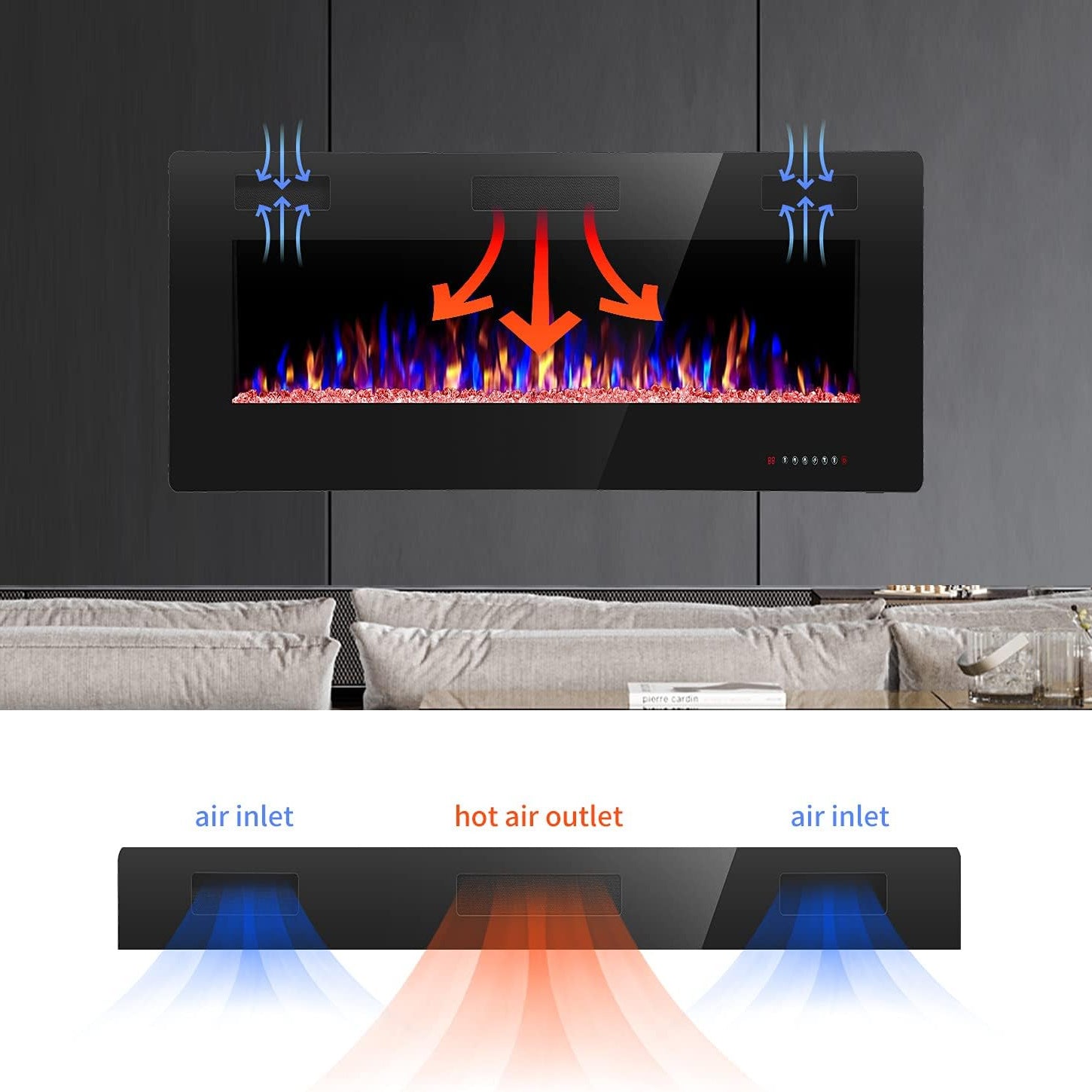 Xbeauty 30"/ 36"/ 42"/ 50"/ 60"/ 68" Electric Fireplace in-Wall Recessed and Wall Mounted, 1500W Fireplace Heater with Timer, Adjustable 12-Color Flame Brightness & Speed, Touch Screen Control, Remote Control, for Christmas,