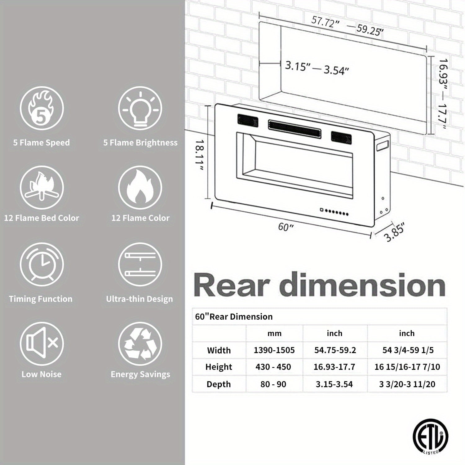 Xbeauty 30"/ 36"/ 42"/ 50"/ 60"/ 68" Electric Fireplace in-Wall Recessed and Wall Mounted, 1500W Fireplace Heater with Timer, Adjustable 12-Color Flame Brightness & Speed, Touch Screen Control, Remote Control, for Christmas,