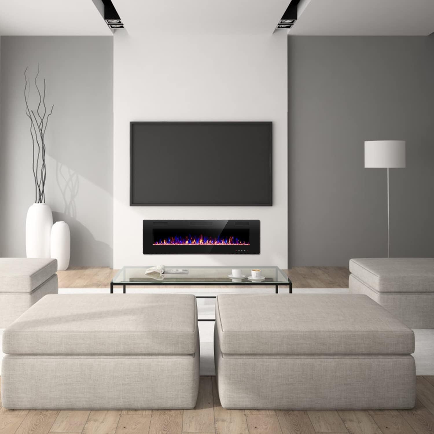 Xbeauty 30"/ 36"/ 42"/ 50"/ 60"/ 68" Electric Fireplace in-Wall Recessed and Wall Mounted, 1500W Fireplace Heater with Timer, Adjustable 12-Color Flame Brightness & Speed, Touch Screen Control, Remote Control, for Christmas,